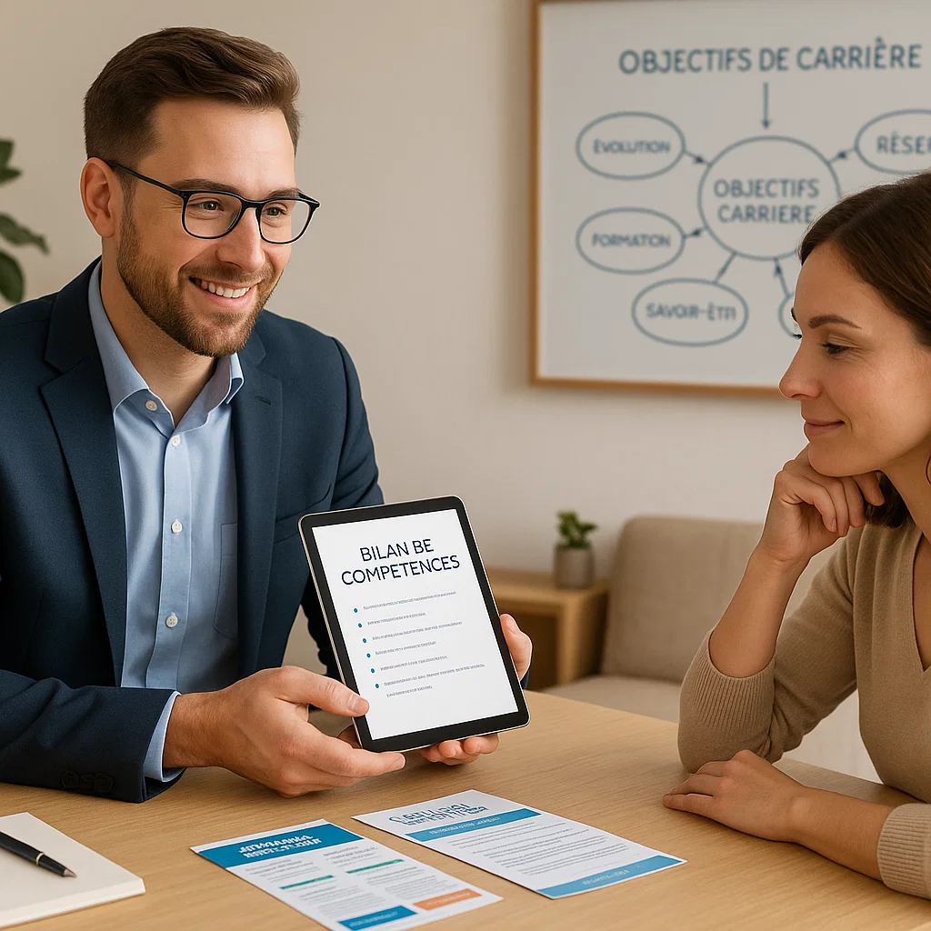 Conseiller présentant un bilan de compétences à une cliente - Accompagnement personnalisé